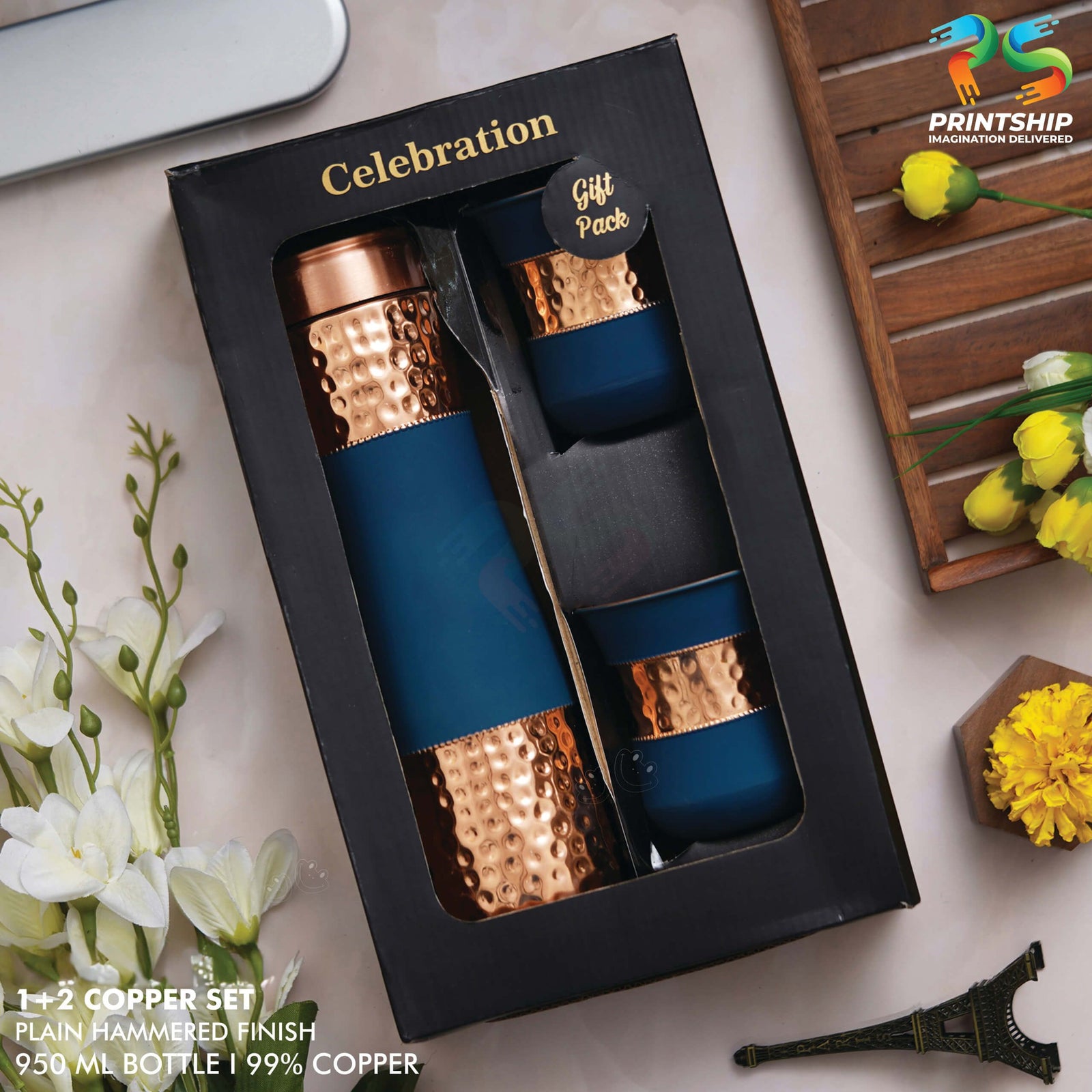YuBingo Blue Hammered Rubberized Copper Gift Set - Corporate Drinkware Gift - Water Bottles by YuBingo
