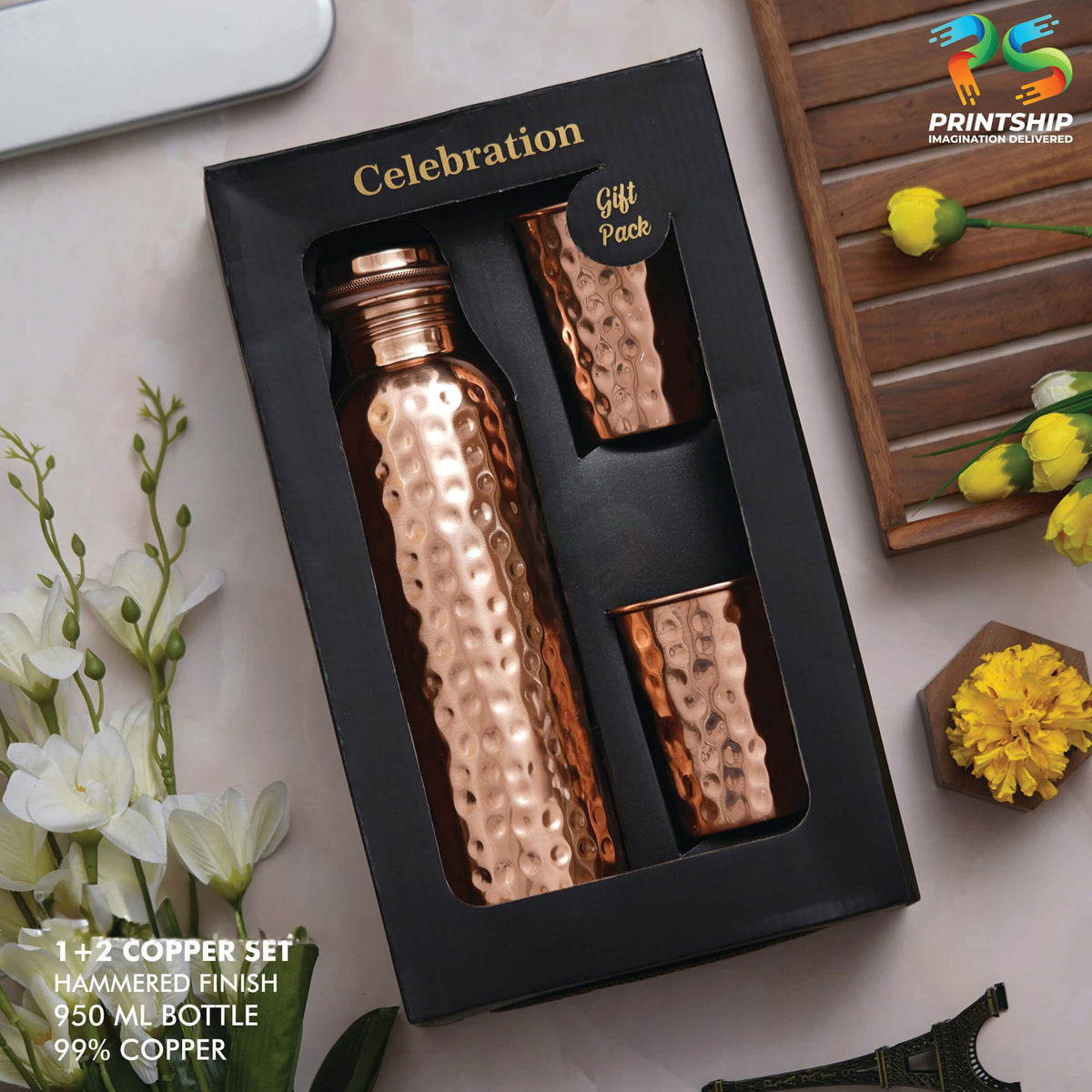 YuBingo Copper Hammered Gift Set - Corporate Drinkware Gift - Water Bottles by YuBingo