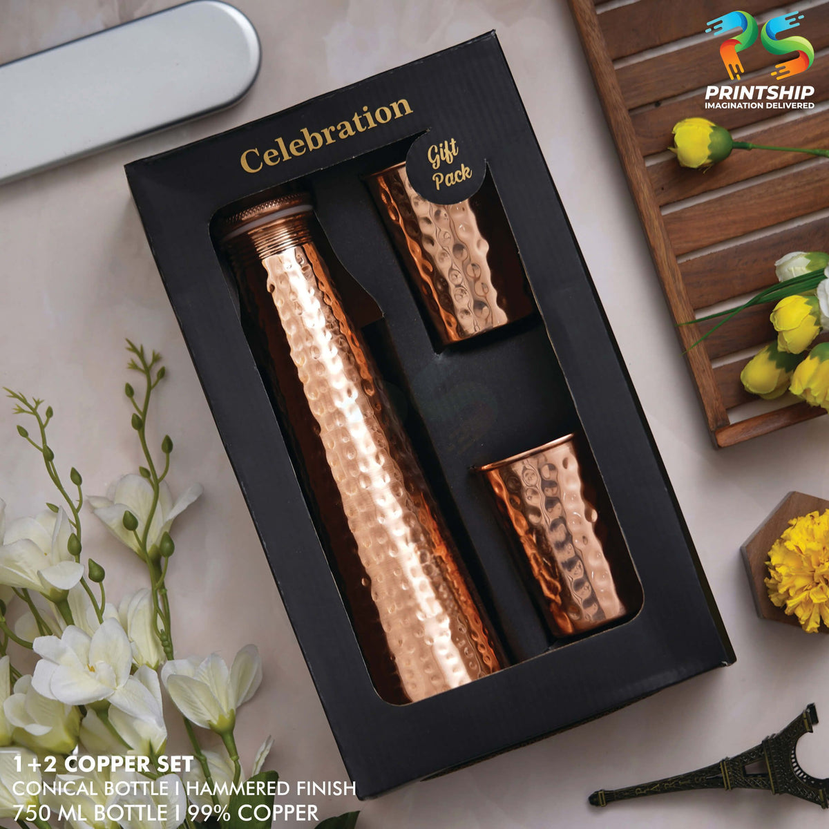 YuBingo Copper Hammered Finish Conical Bottle Gift Set - Corporate Drinkware Gift - Water Bottles by YuBingo