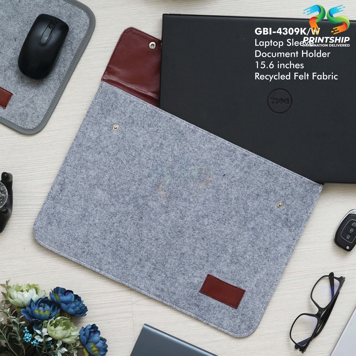 YuBingo Grey Recycled Felt Laptop Sleeve - 15.6 Inch With Button Pocket - Corporate Gift | Product image 3