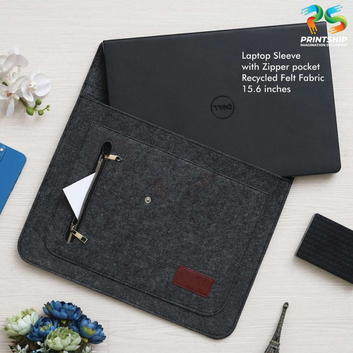 YuBingo Black Recycled Felt Laptop Sleeve - 15.6 Inch With Zipper Pockets - Corporate Gift | Product image 2