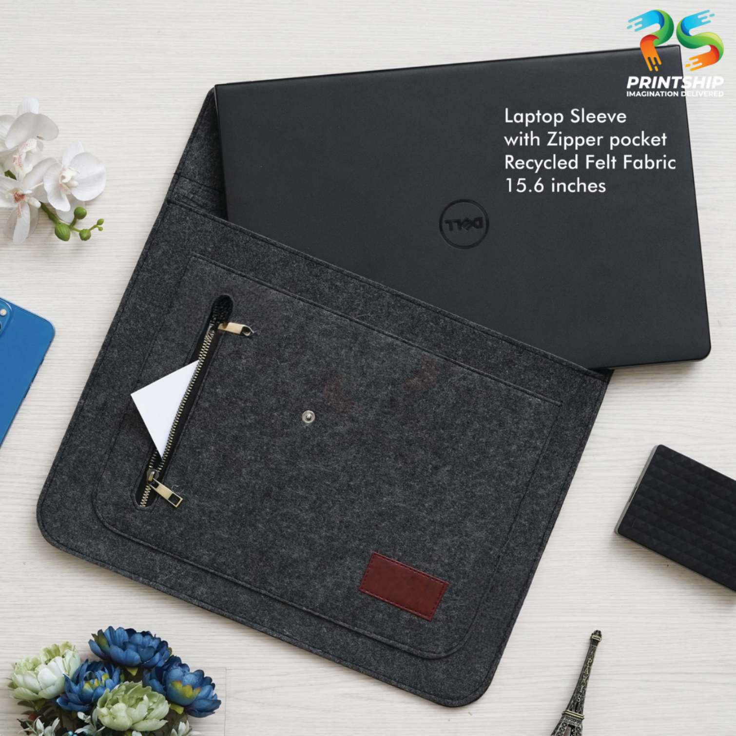 YuBingo Black Recycled Felt Laptop Sleeve - 15.6 Inch With Zipper Pockets - Corporate Gift | Product image 2