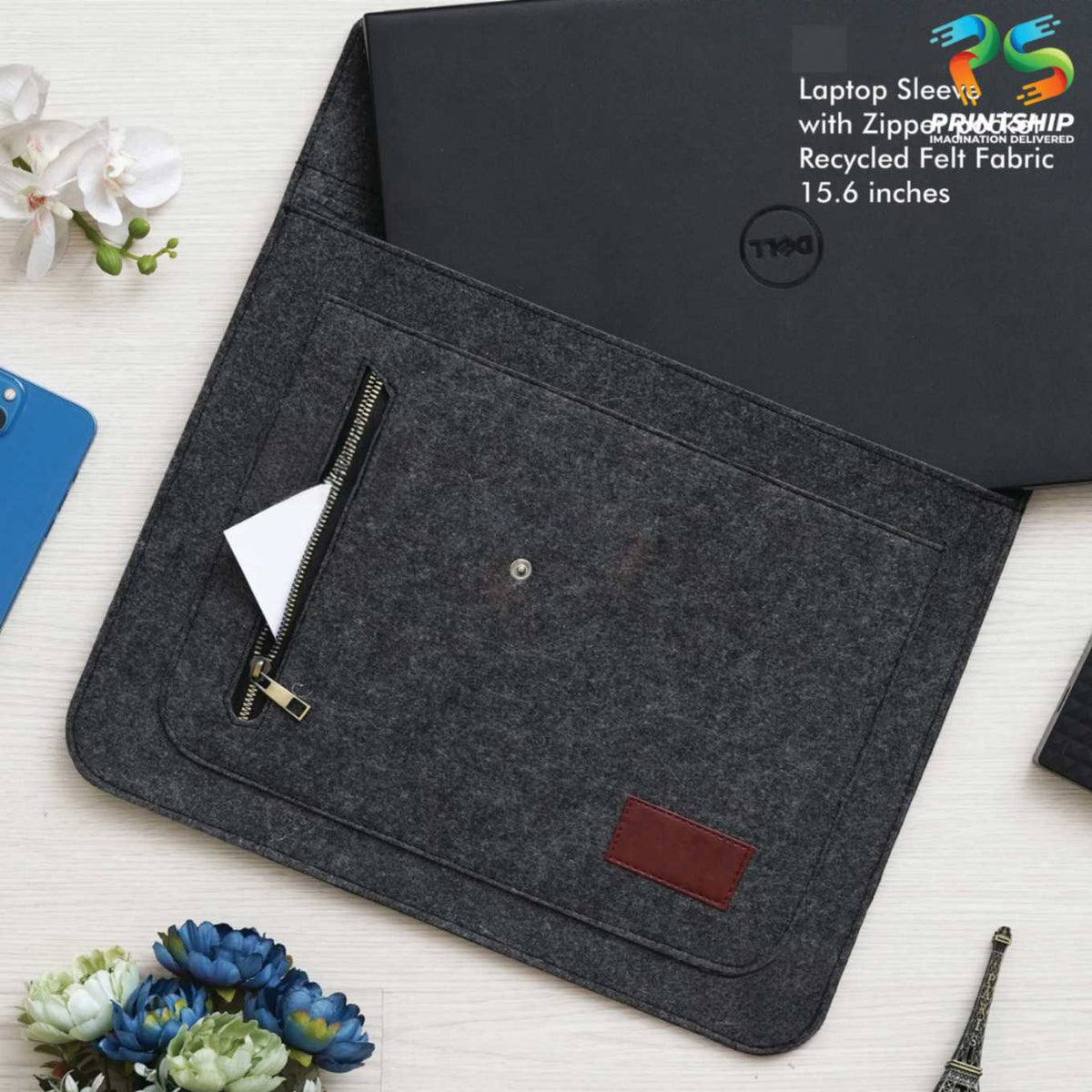YuBingo Black Recycled Felt Laptop Sleeve - 15.6 Inch With Zipper Pockets - Corporate Gift | Product image 3