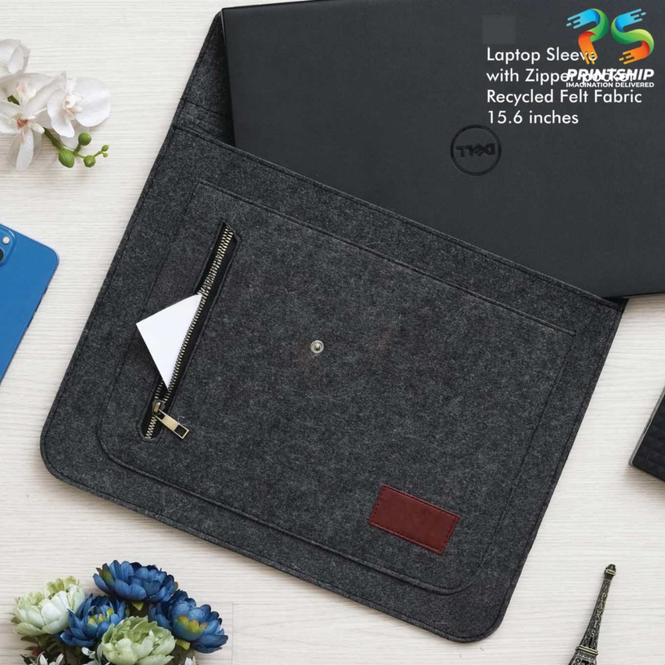 YuBingo Black Recycled Felt Laptop Sleeve - 15.6 Inch With Zipper Pockets - Corporate Gift | Product image 3
