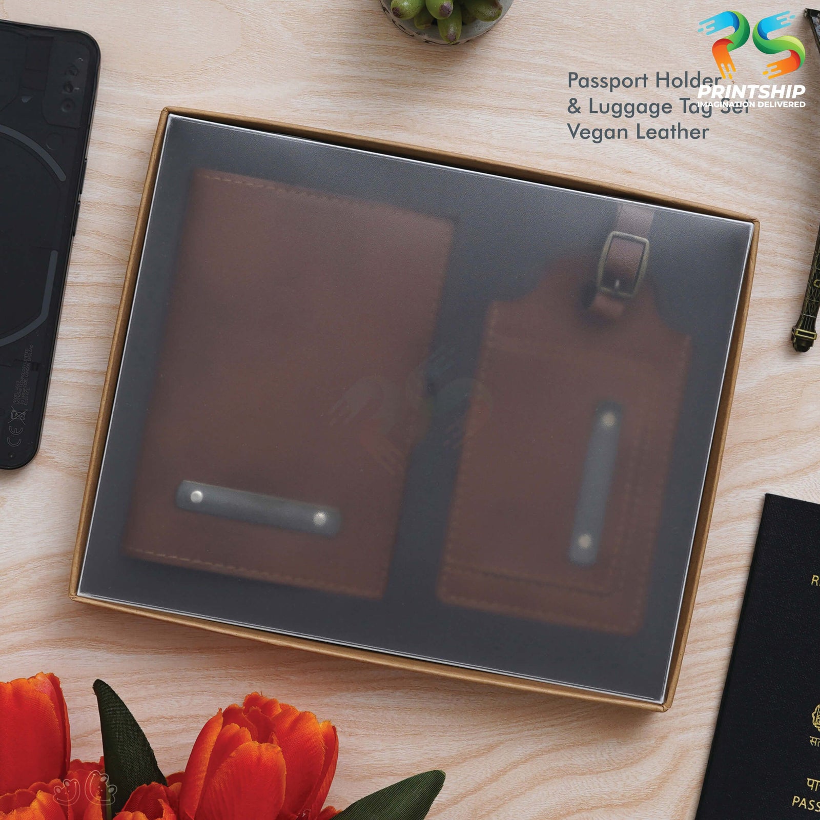 YuBingo Tan Vegan Leather Passport Set - Corporate Gift Set - product image