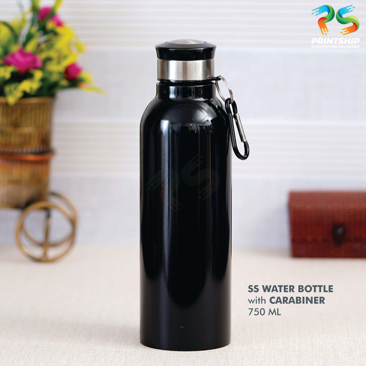 YuBingo Black Stainless Steel Bottle with Carabiner - 750 ML - Corporate Drinkware Gift - Water Bottles by YuBingo
