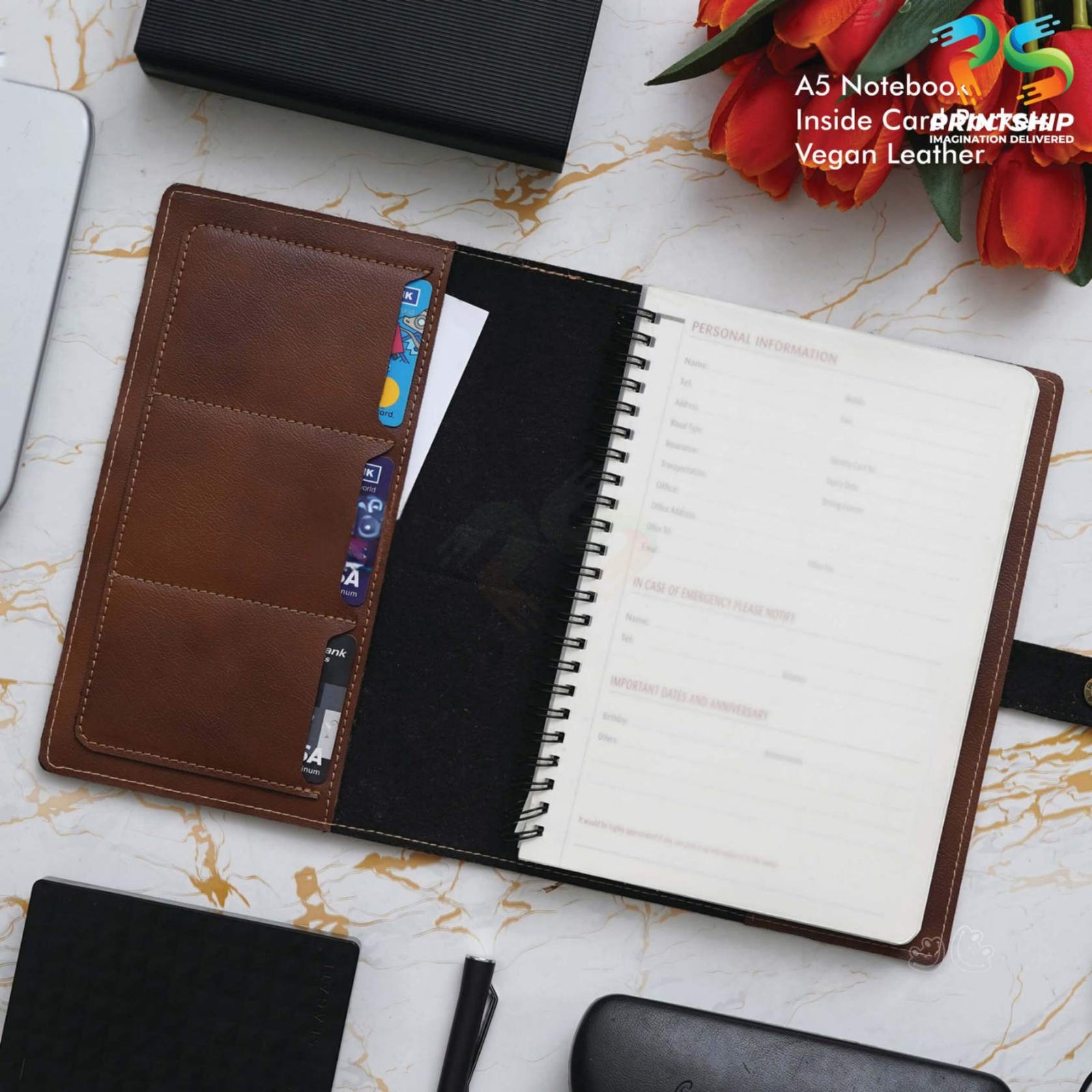 YuBingo Tan Vegan Leather A5 Notebook - Corporate Gift