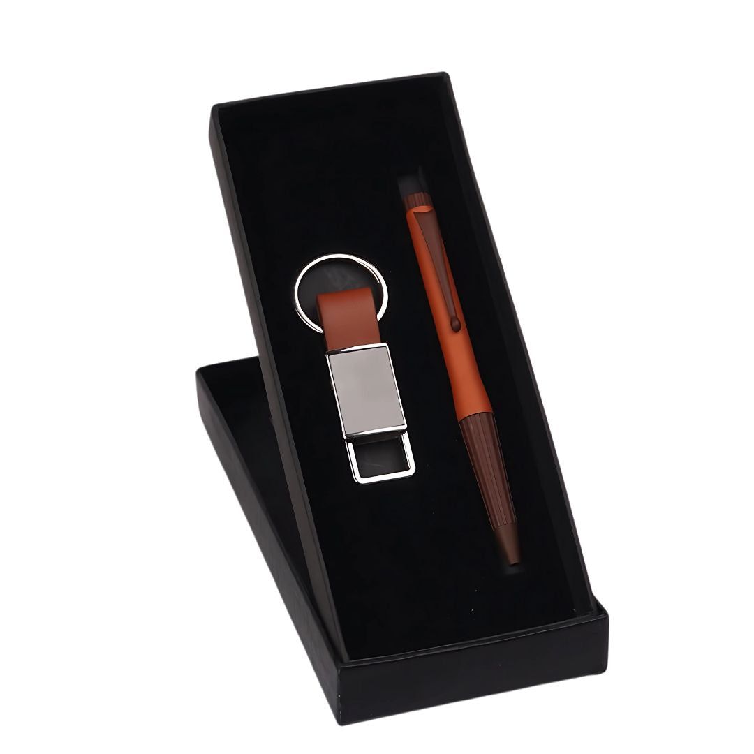Compact 2 Pc Tan Gift Set: Metal Pen &amp; Metal PU Keychain - Corporate Gift