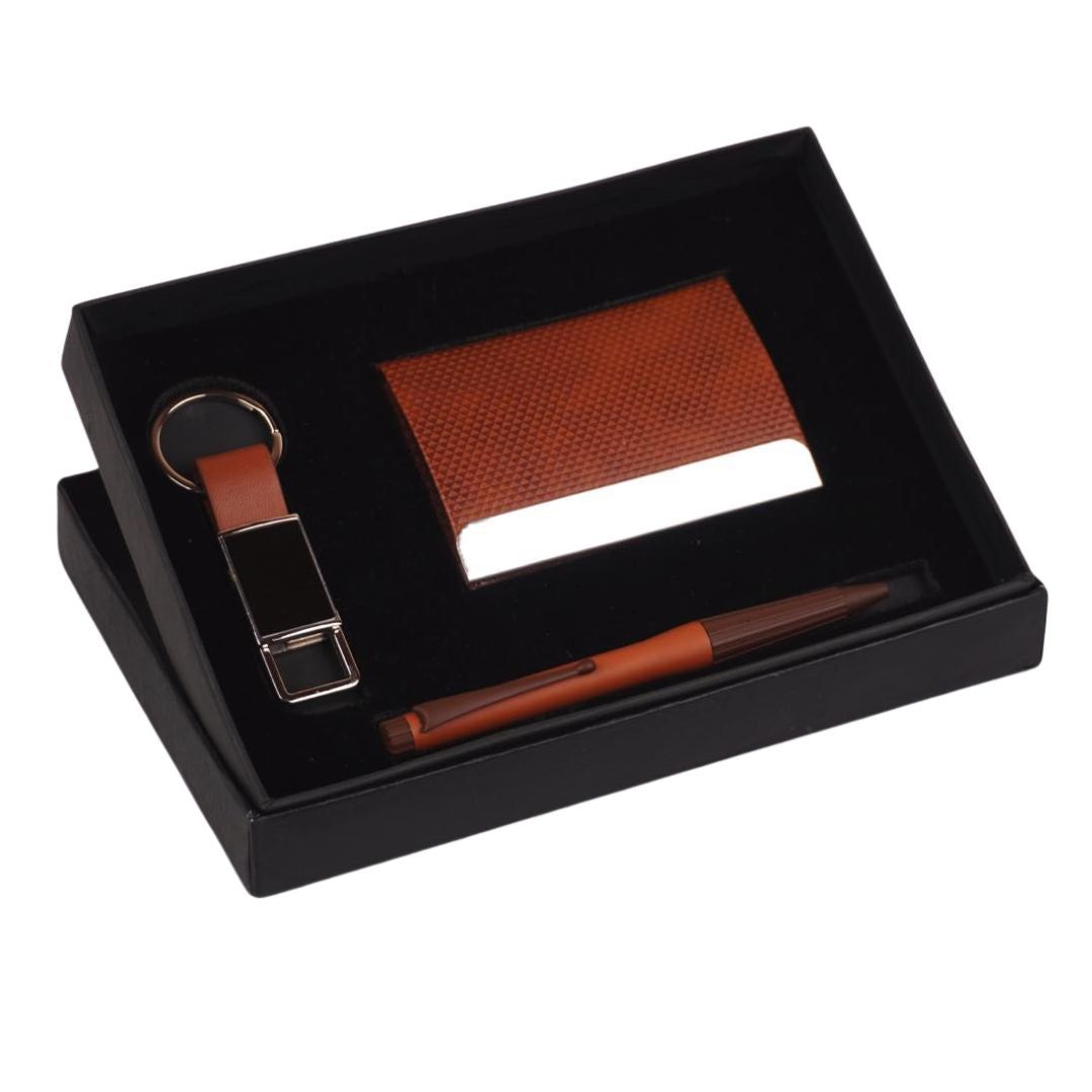 YuBingo Compact 3 Pc Tan Gift Set: Metal Pen, Metal PU Keychain, &amp; Metal Card Holder - Corporate Gift - product image