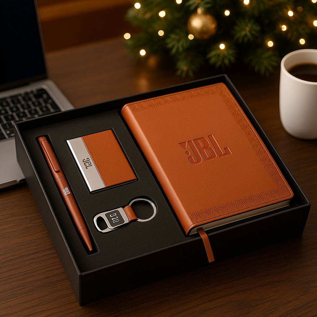 YuBingo Compact 4 Pc Tan Gift Set | Notebook, Pen, Keychain &amp; Card Holder - Corporate Gift - product image