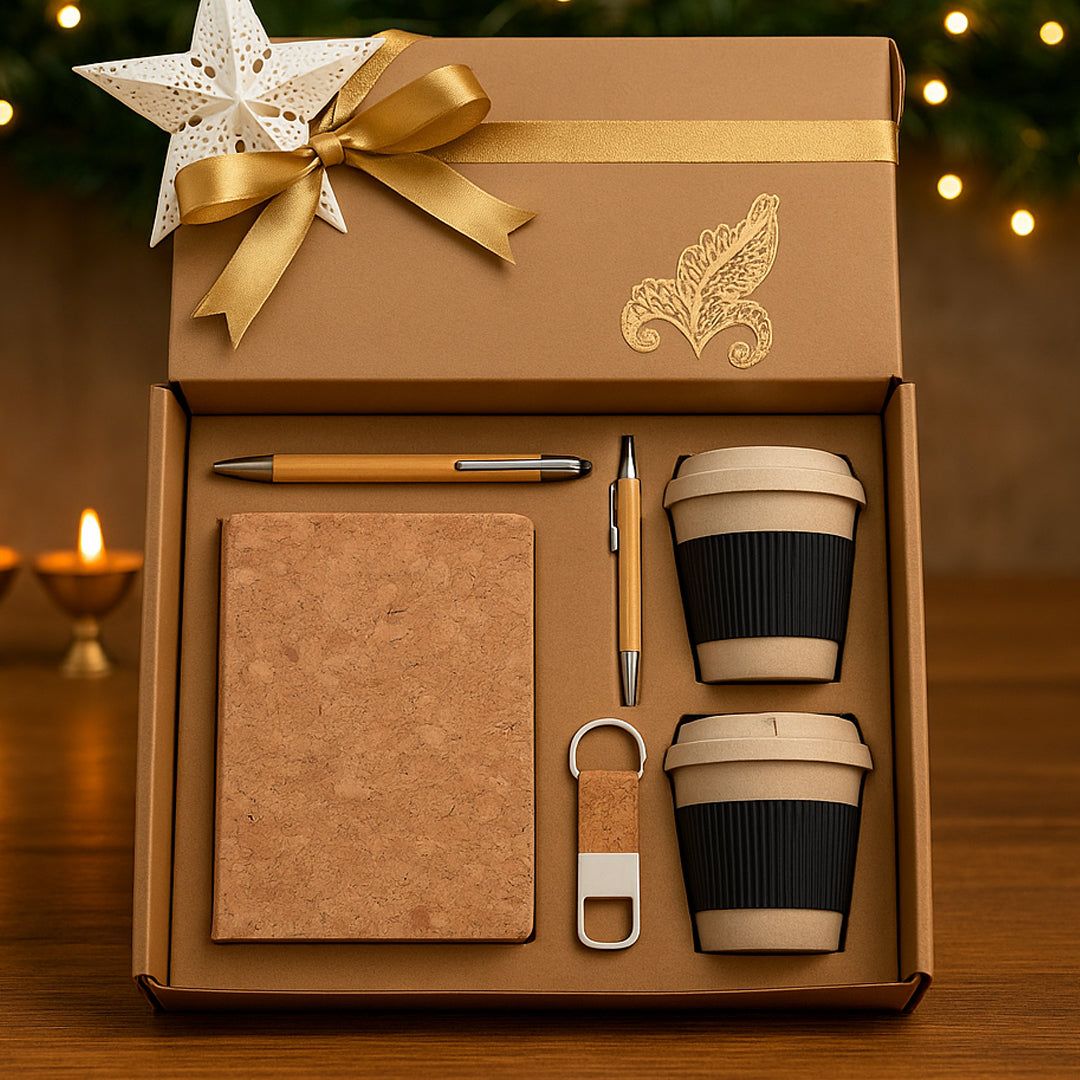 EcoSet 4 - Premium Eco-Friendly Gift Set with Notebook, Bamboo Mugs, Pen & Keychain - Corporate Gift