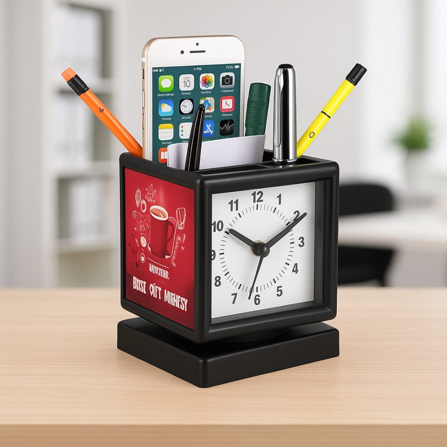 YuBingo Rotating Clock With 3 Side Branding Area | Pen Stand & Stationery Holder - Corporate Gift | YuBingo corporate table clock gift
