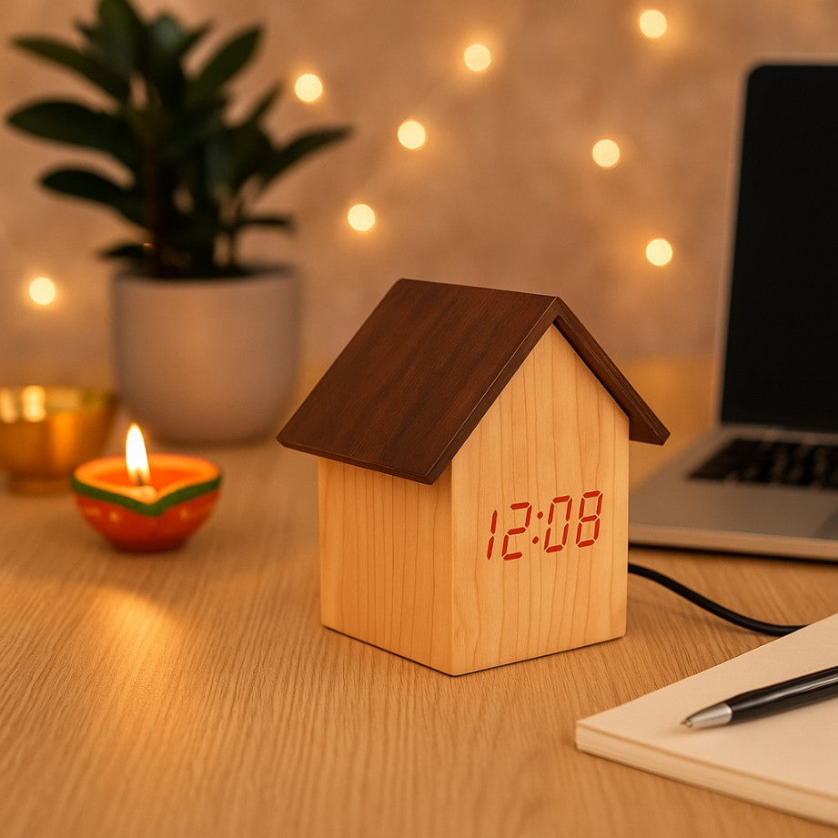 YuBingo Hut Shape Wooden LED Clock With Temperature And Sound Sensor - Corporate Gift | YuBingo corporate table clock gift