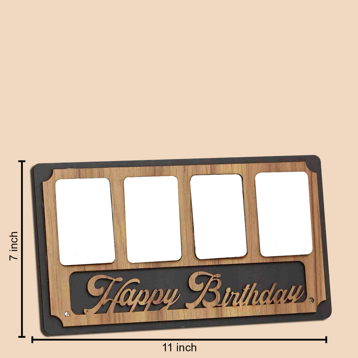 Laser Cut Happy Birthday Table Photo Frame with Four Photos, MDF Wood, 18x18 Inches