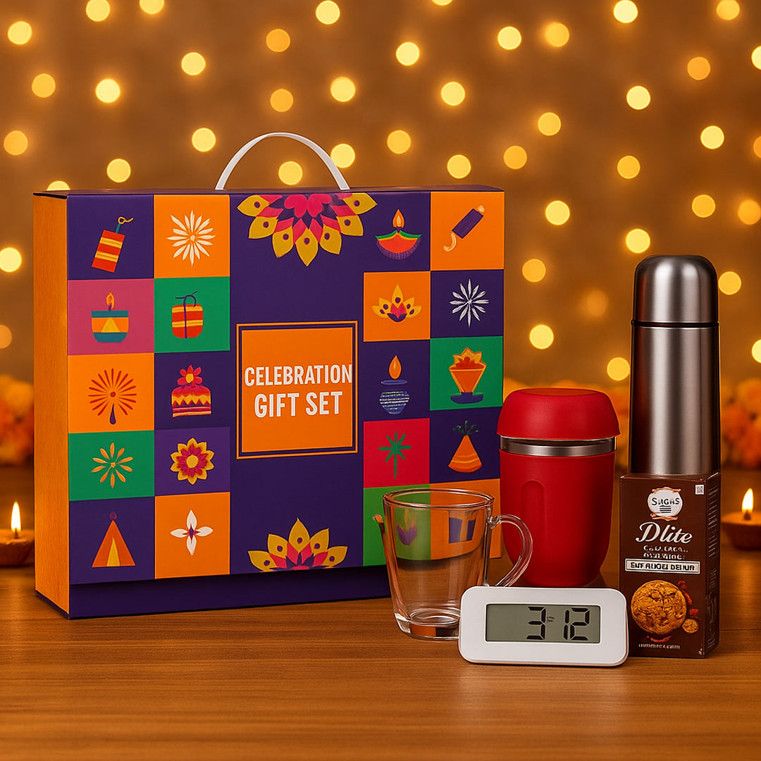 Premium gift set items – flask, digital clock with wireless charger, glass mug, and sugarfree cookies