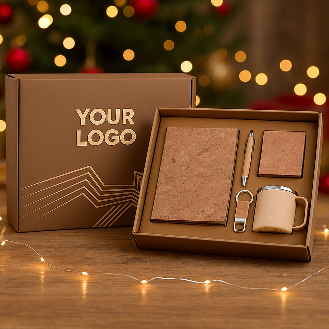 EcoSet 2 premium eco gift set with notebook, pen, mug, keychain, and sticky notepad