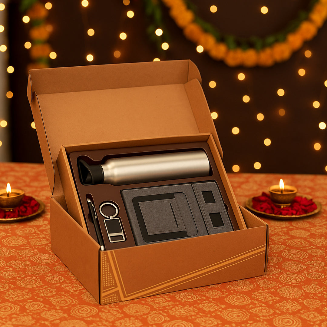 Complete 4 in 1 gift set with bottle, notebook, pen, and keychain