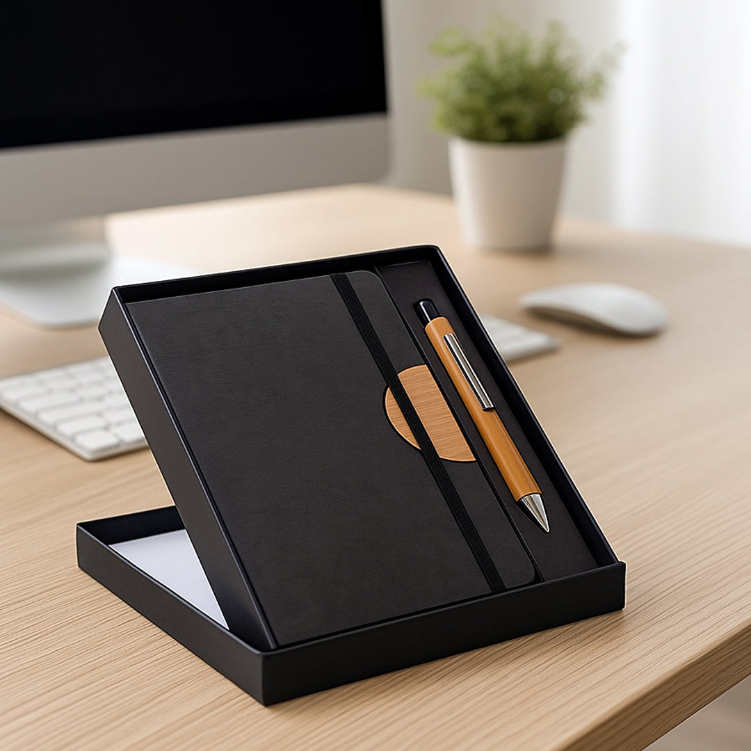 Eco-friendly bamboo notebook gift set with pen in premium hard board box