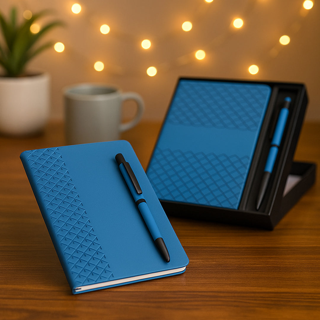 Blue A5 PU notebook with prism metal pen in premium gift box