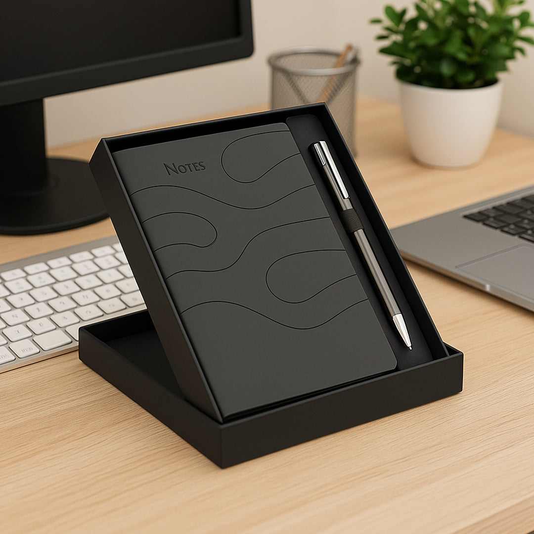 Elegant ribbon notebook and pen presented in hardboard gift box