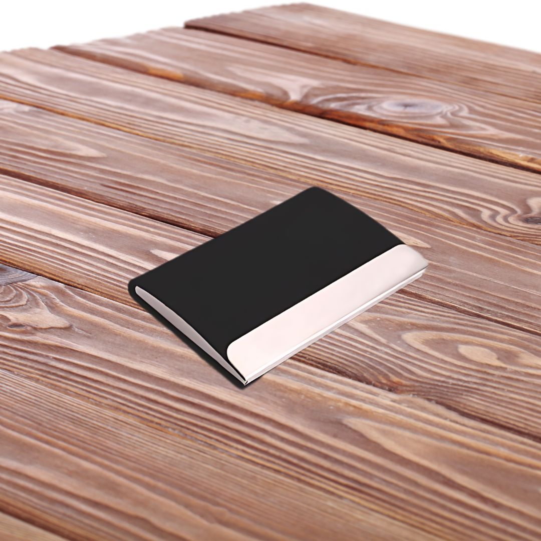 Sleek stainless steel and black card holder from Q151 gift set