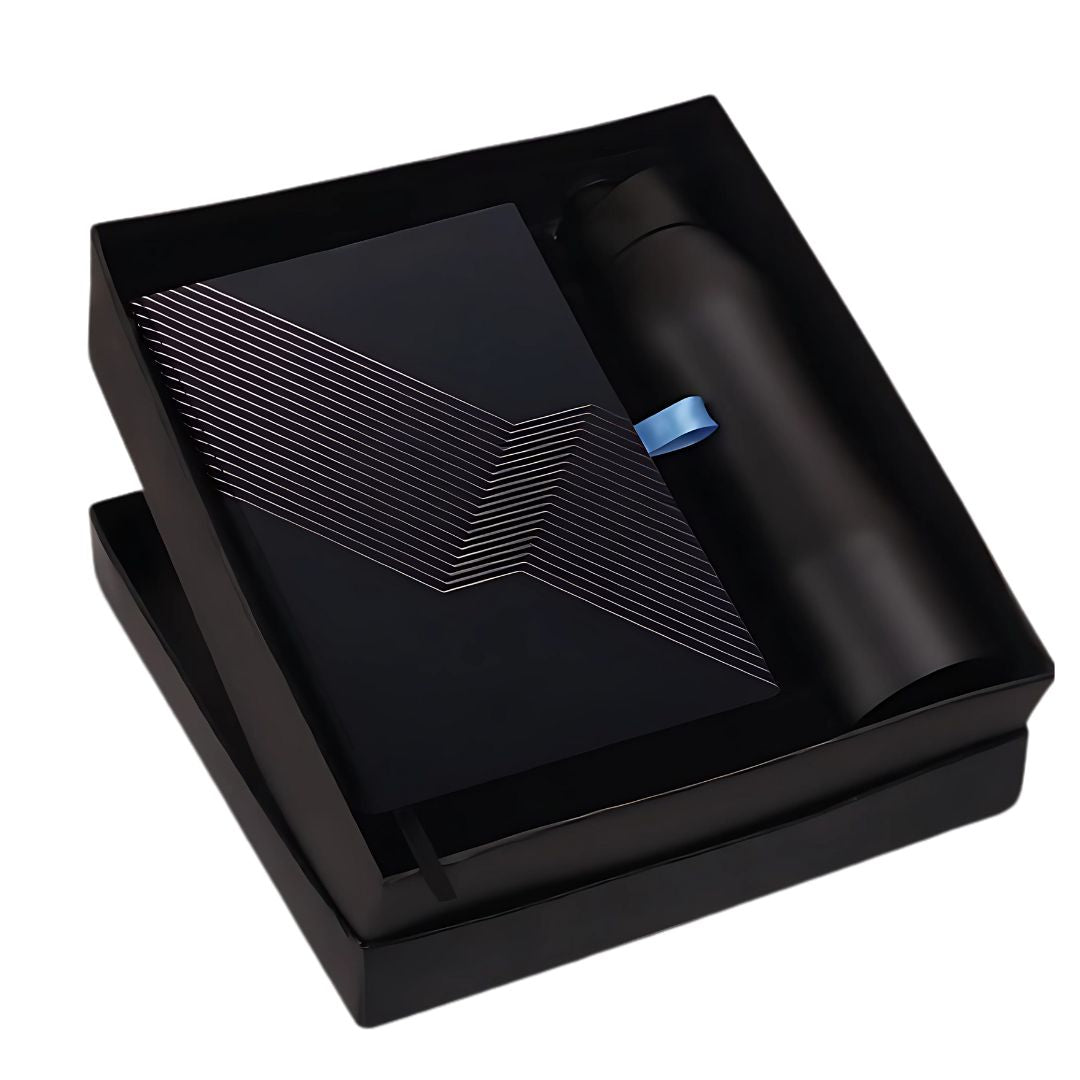 Premium black notebook and steel bottle inside gift box
