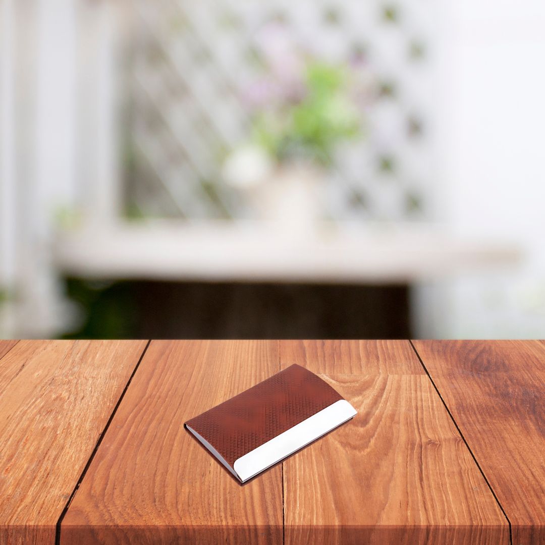 Stainless steel magnetic visiting card holder with textured tan cover