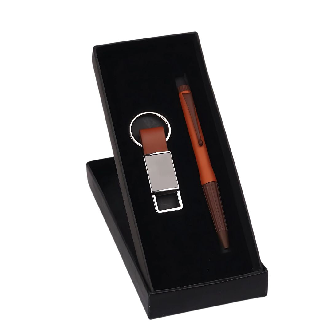 Compact 2 piece tan gift set with pen and keychain in elegant black box