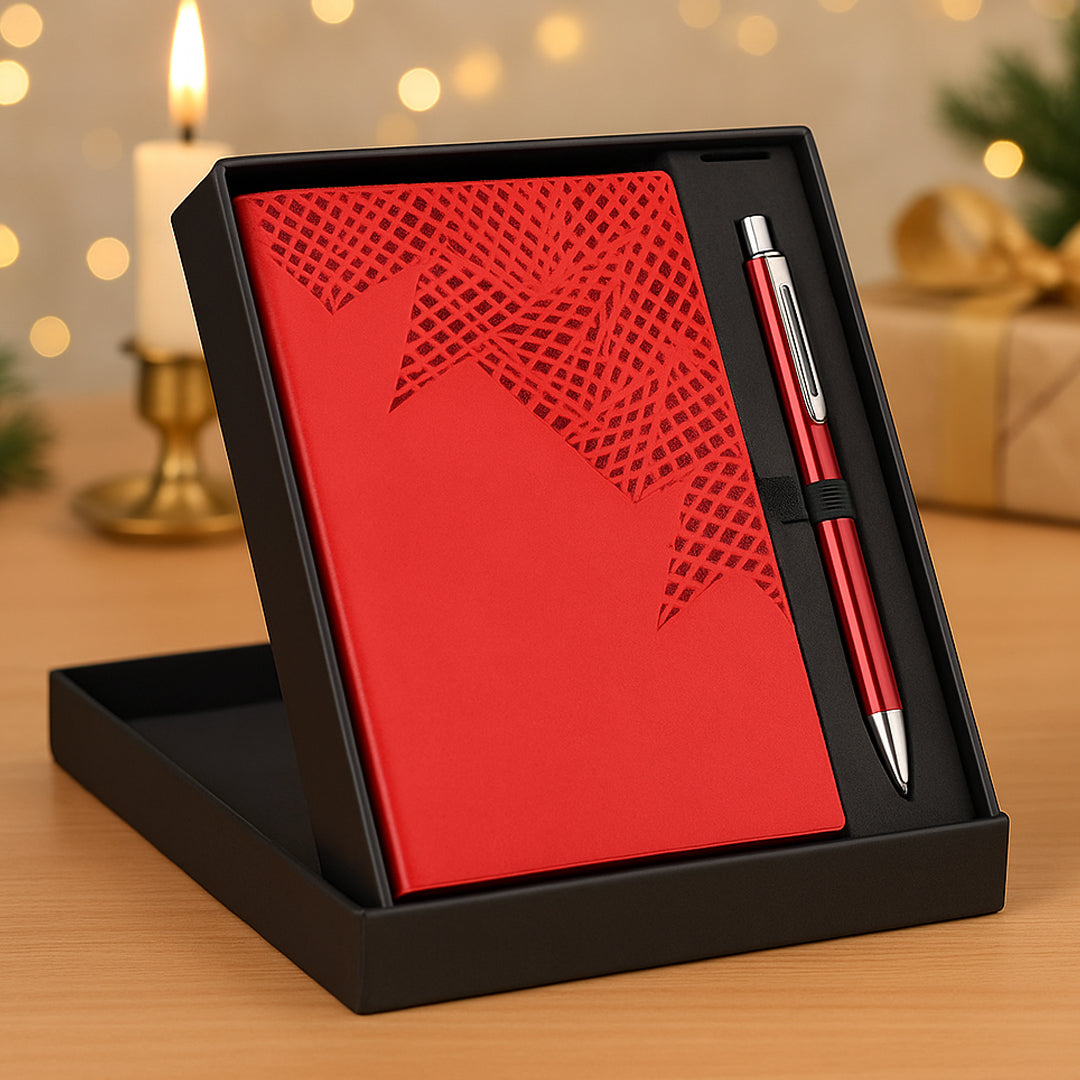 Red origami notebook with premium metal pen in gift box – Castillo Milano corporate gift set