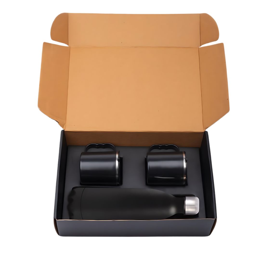 Cola vacuum flask gift set with 2 stainless steel cups in open packaging box