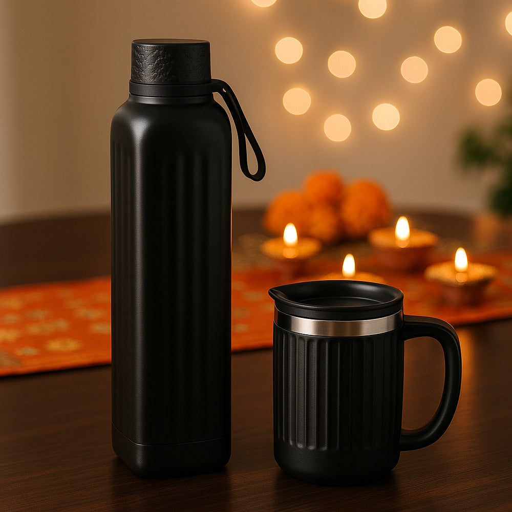 Set of square insulated bottle with large stainless steel grip mug – premium gift set for hot & cold beverages, ideal festive corporate gift