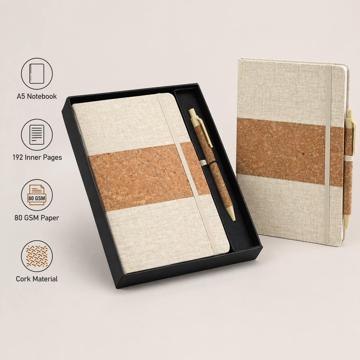 Notebook Gift set Eco: Cork &amp; Linen A5 Notebook With Cork Bamboo Fiber Pen  — corporate gift