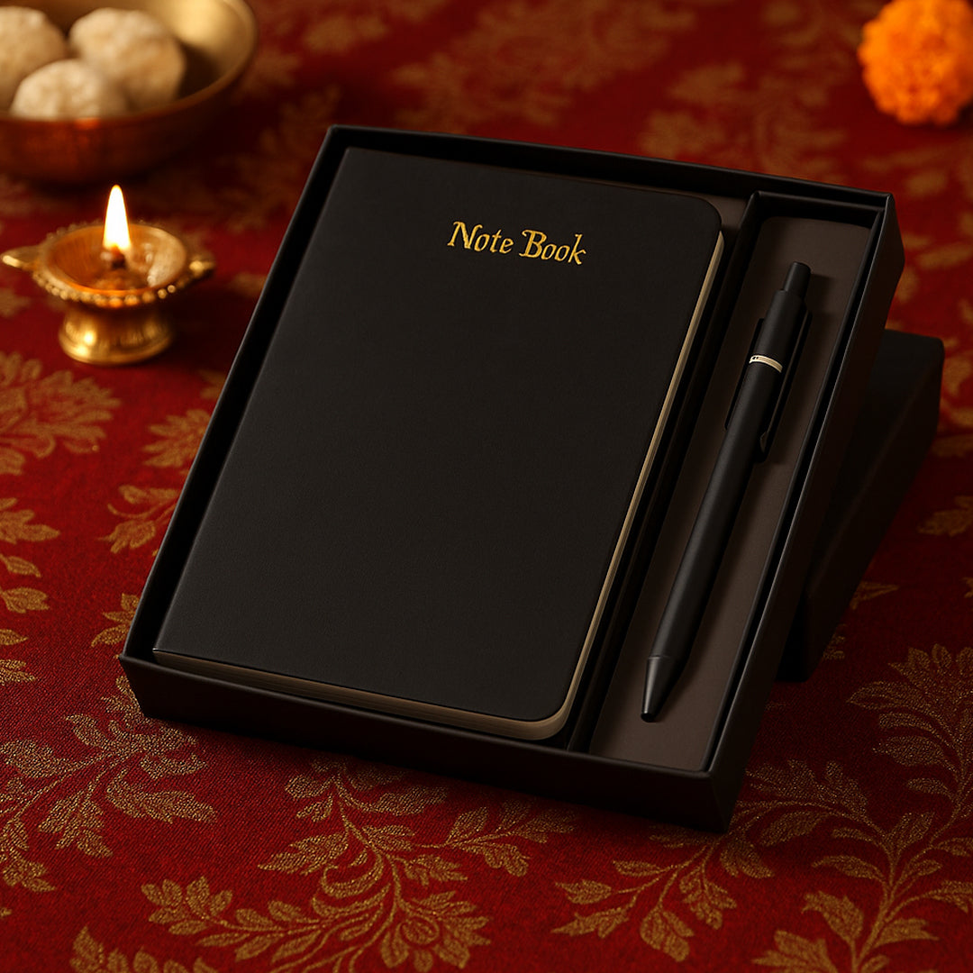 Premium black notebook and pen in elegant gift box – employee gifting set