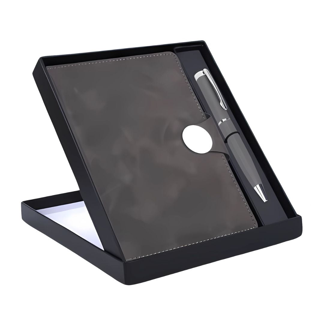 Stylish gray magnetic flap notebook with brass pen in gift box for corporate gifting