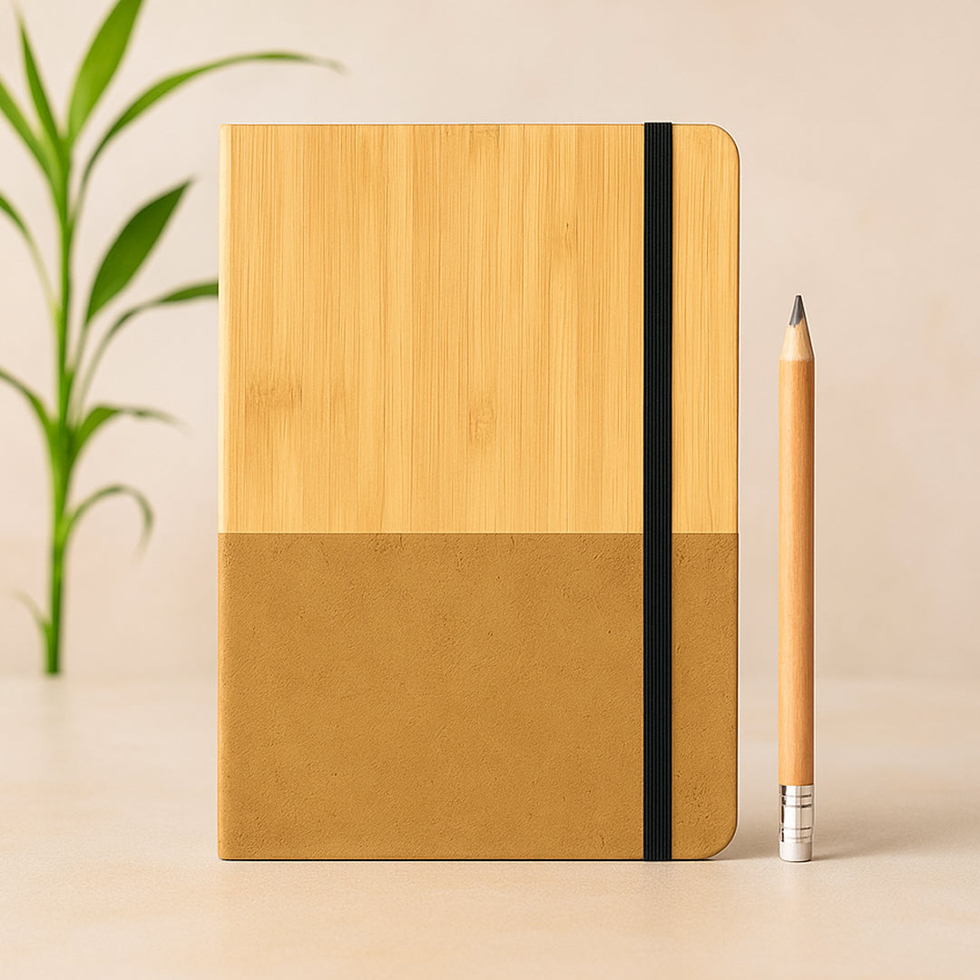 Eco bamboo cork A5 notebook with elastic band on wooden desk