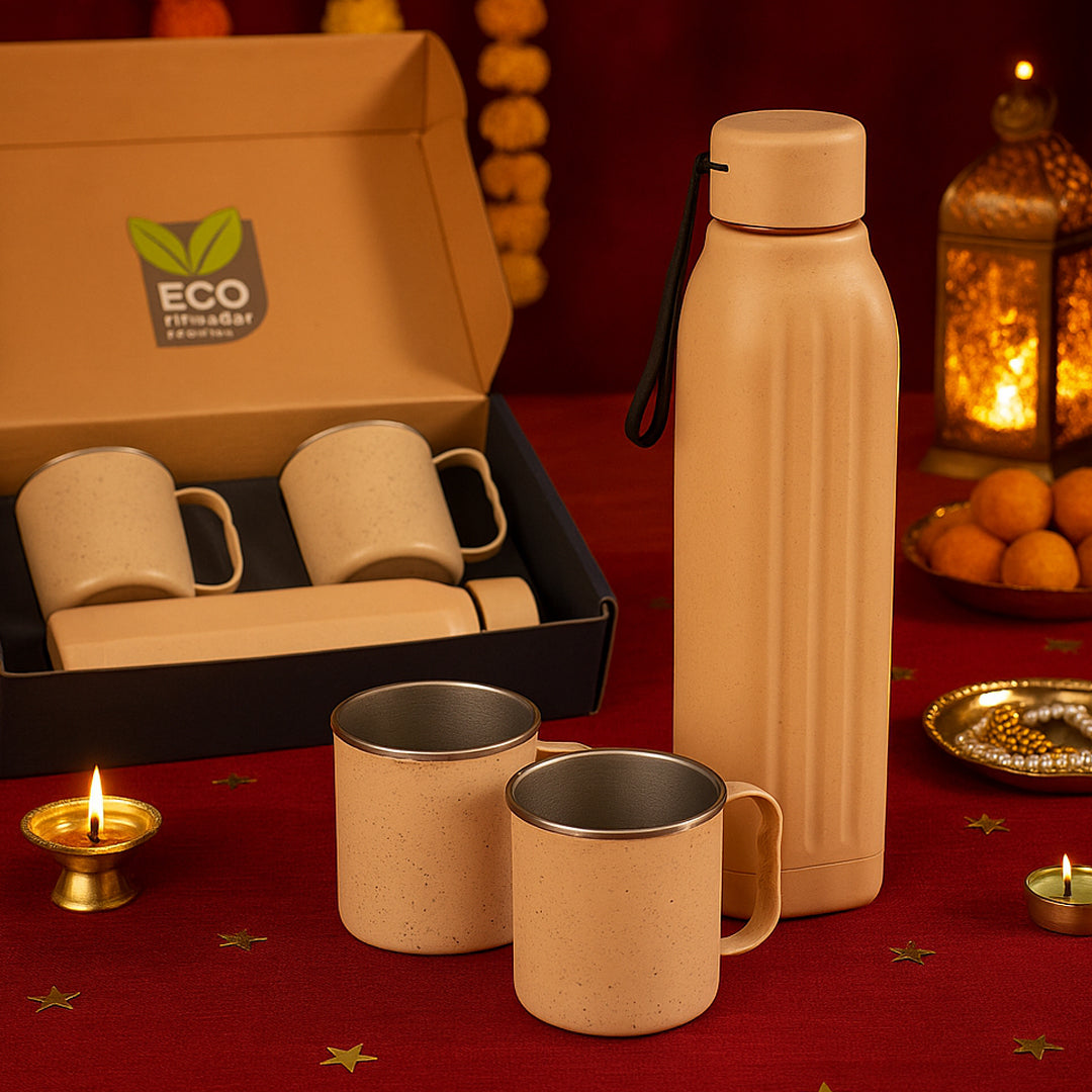 Eco-friendly gift set with insulated square bottle and two steel cups – front view