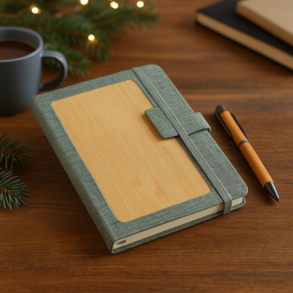 Bamboo notebook and matching bamboo pen in premium gift box