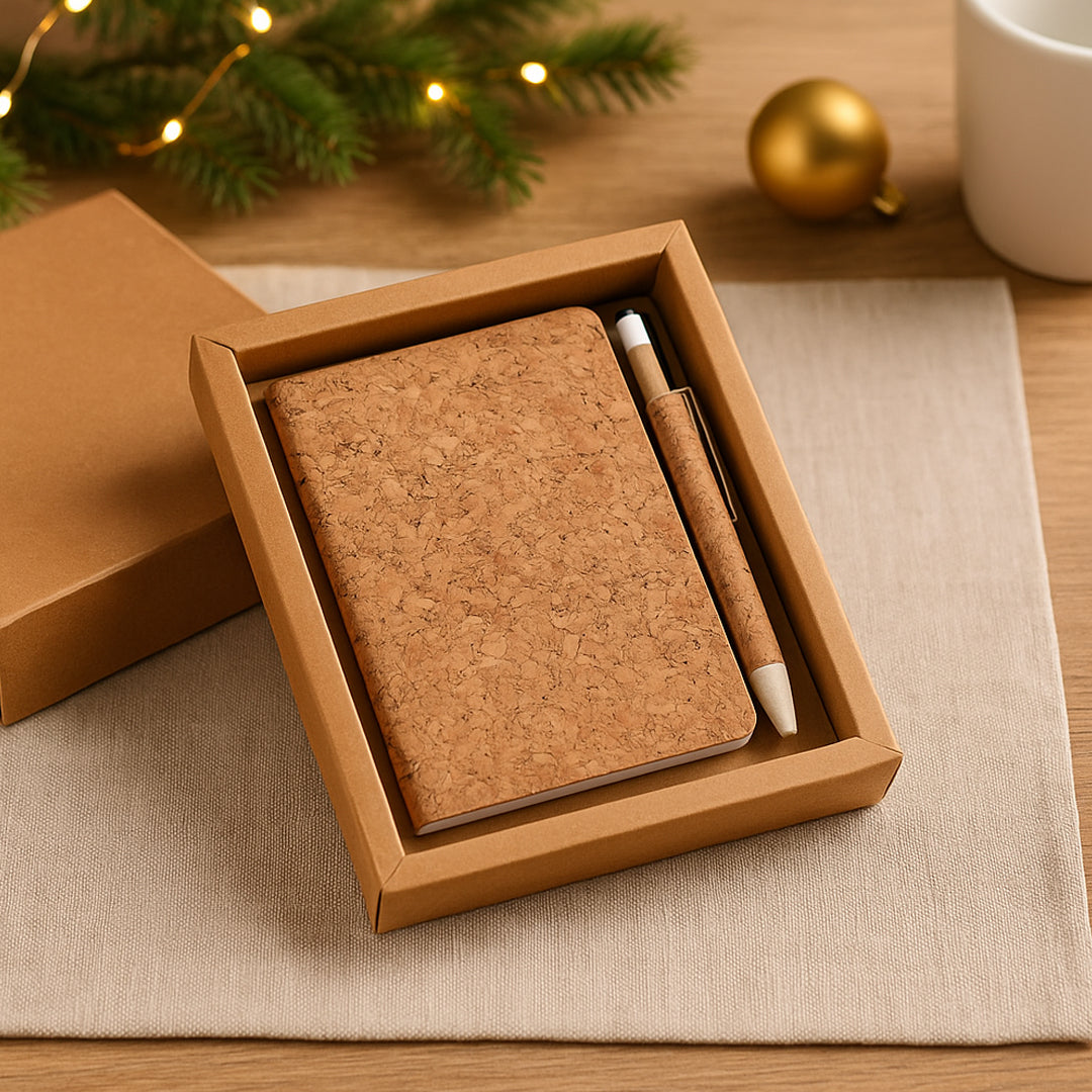 Eco-friendly cork notebook and pen set in kraft gift box