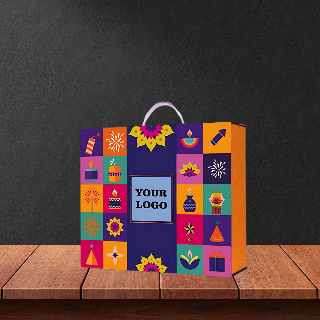 Festive magnetic gift box with colorful Diwali-themed design and handle