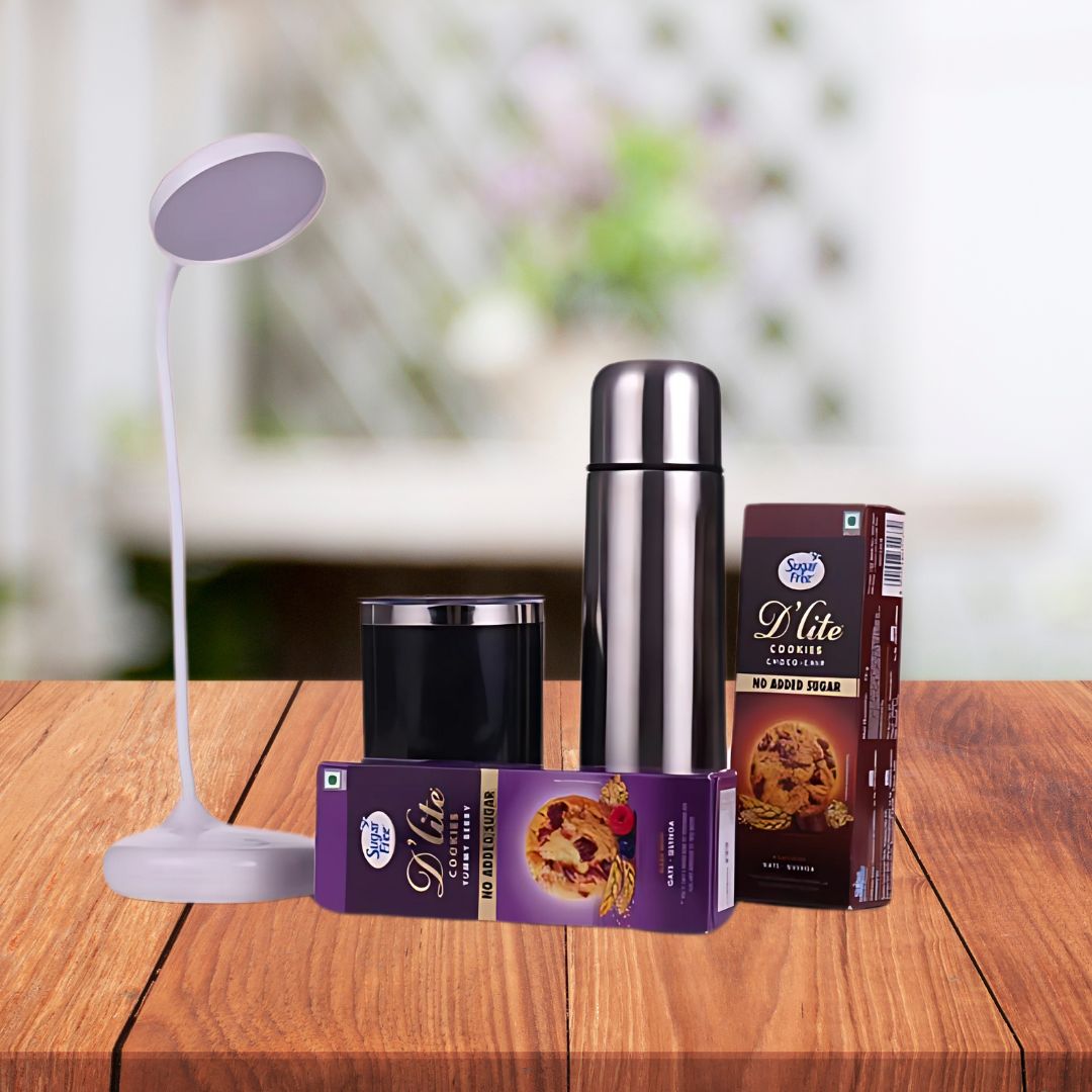 Complete celebration gift set with table lamp, SS mug, flask, and sugarfree cookies