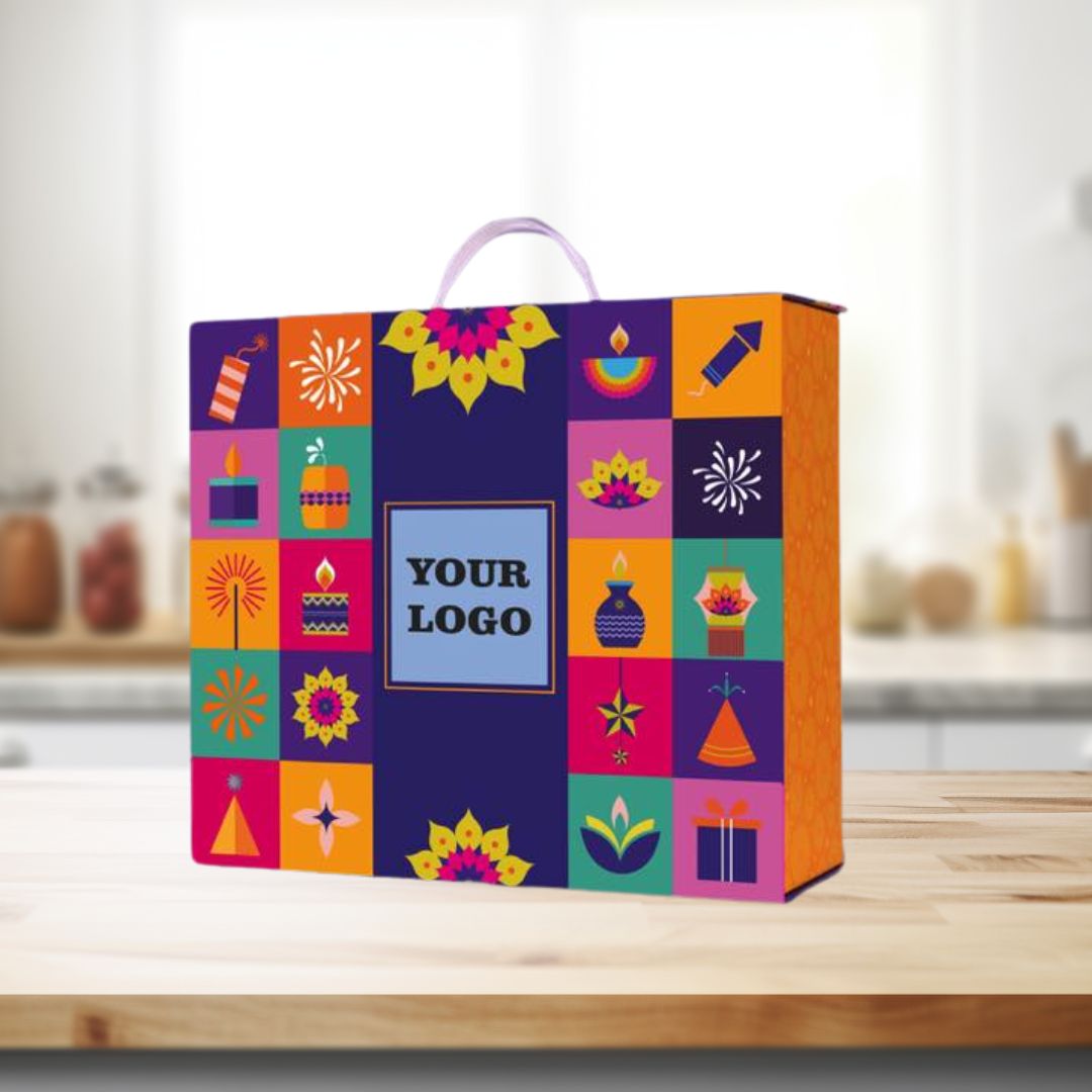 Festive magnetic gift box with colorful design and handle