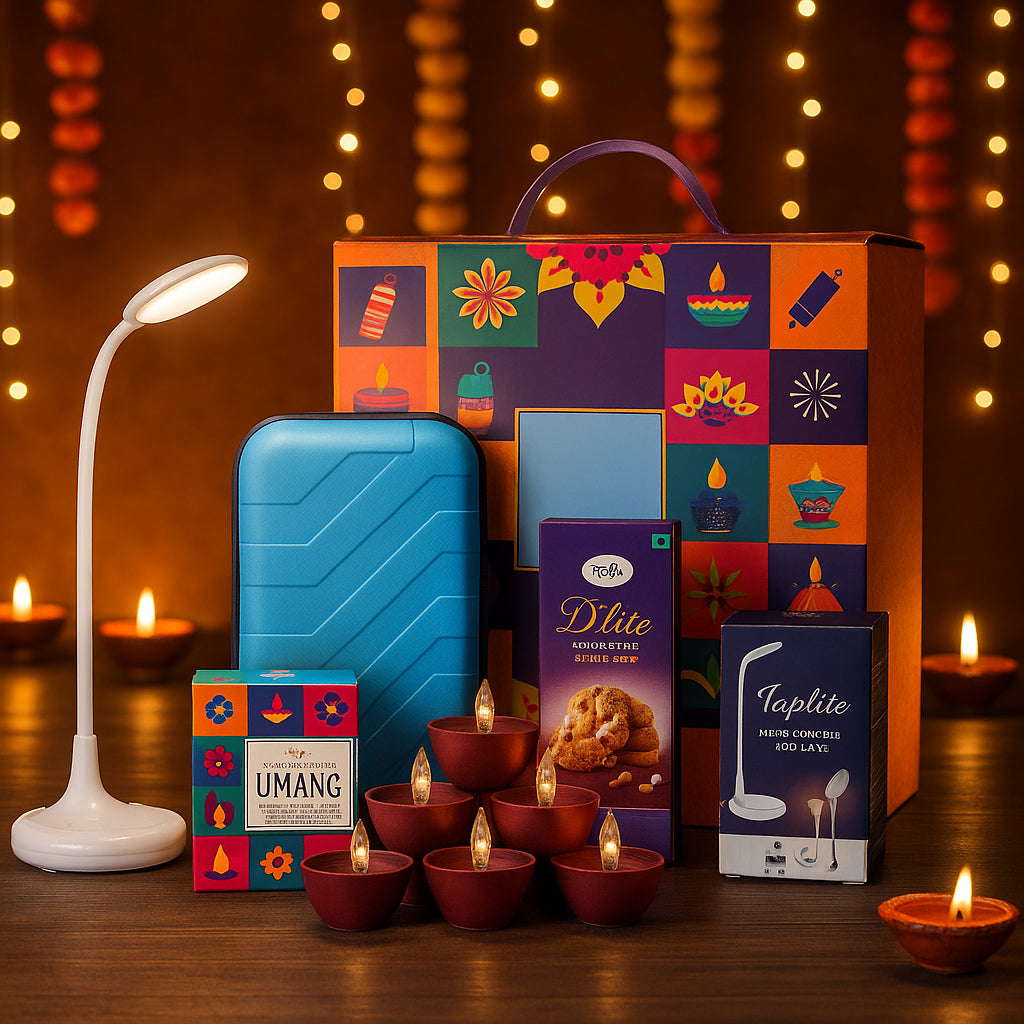 Celebration gift set in festive magnetic box open view with assorted items