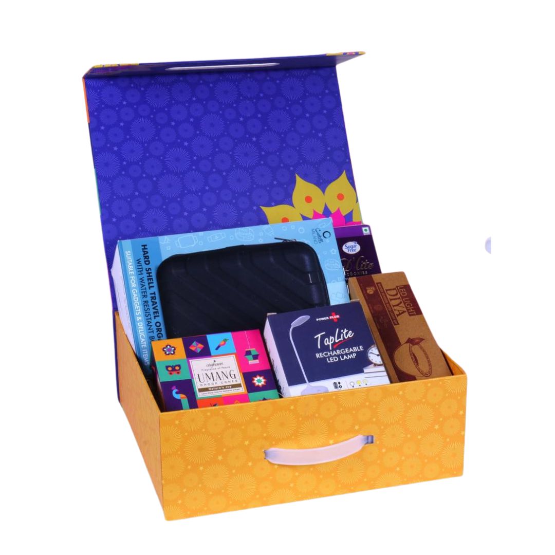 Celebration gift set in festive magnetic box open view with assorted items