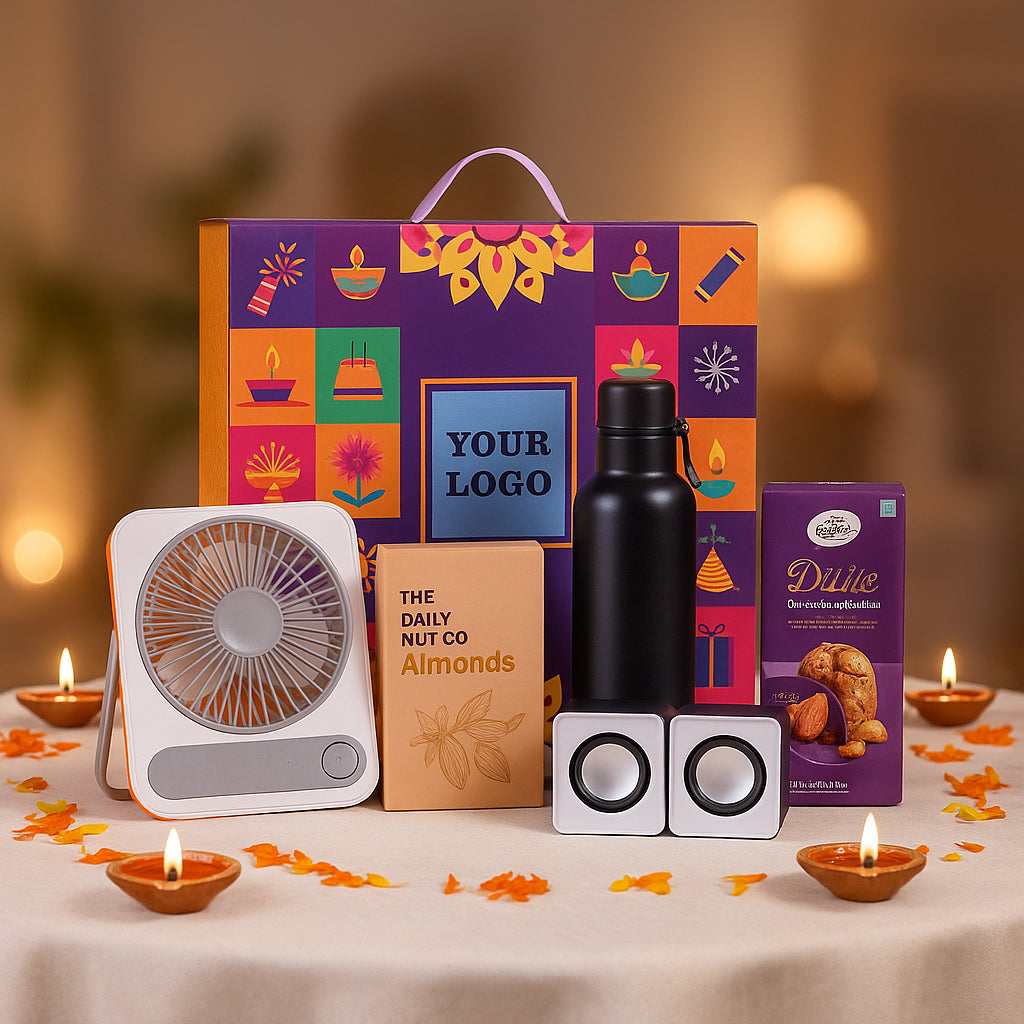 Celebration gift set with stainless steel bottle, fan, cookies, almonds, and speaker in magnetic gift box