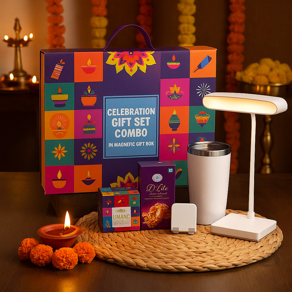 Complete set of premium gift items including rechargeable lamp, SS mug, cookies, mobile stand, and dhoop cones