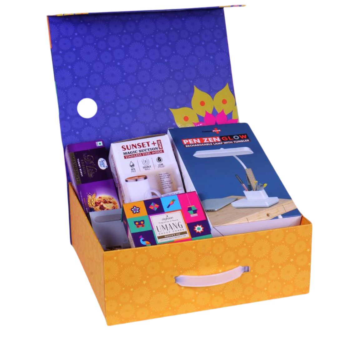 Complete set of premium gift items including rechargeable lamp, SS mug, cookies, mobile stand, and dhoop cones