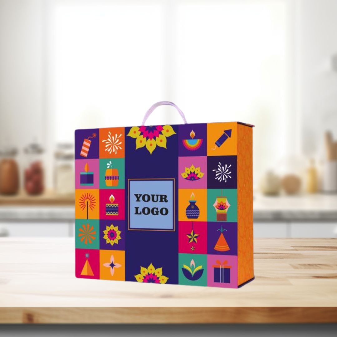 Festive magnetic gift box with colorful Diwali-themed design and handle