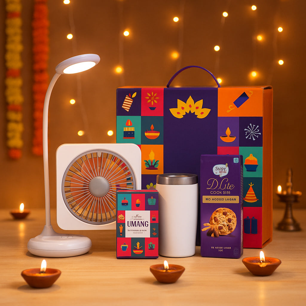 Celebration gift set with rechargeable lamp, fan, mug, cookies, and dhoop cones