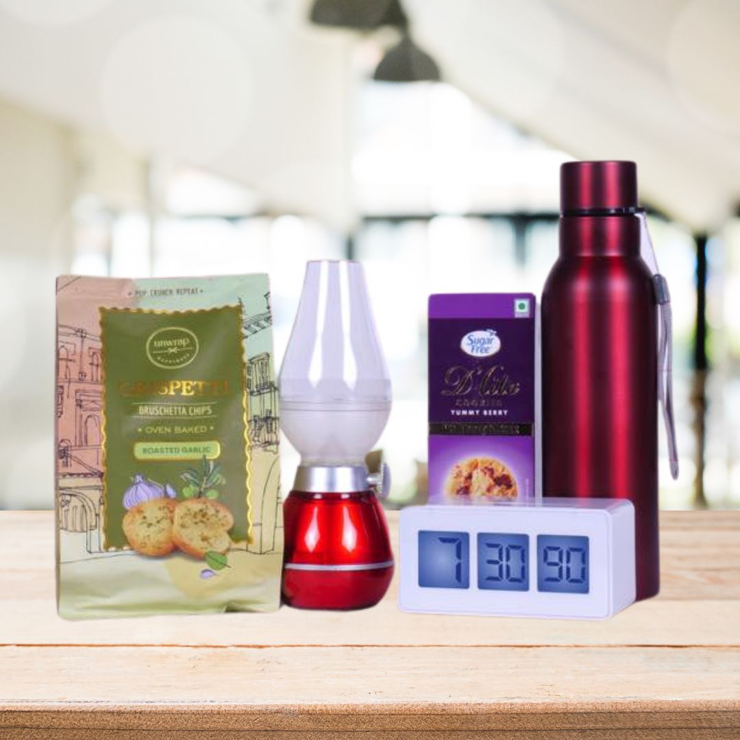 Stainless steel bottle, LED blow lamp, digital clock, bruschetta, and sugarfree cookies gift set