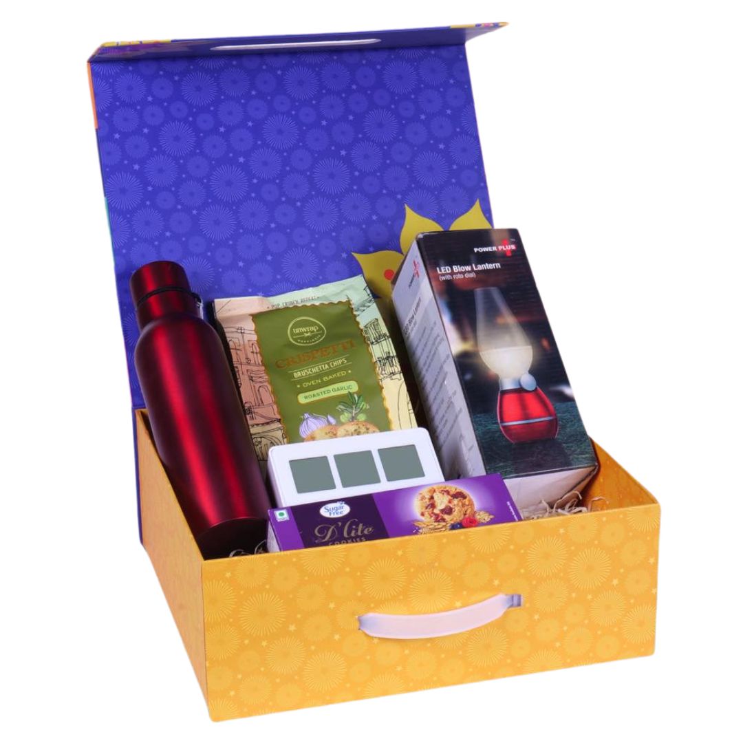 Stainless steel bottle, LED blow lamp, digital clock, bruschetta, and sugarfree cookies gift set